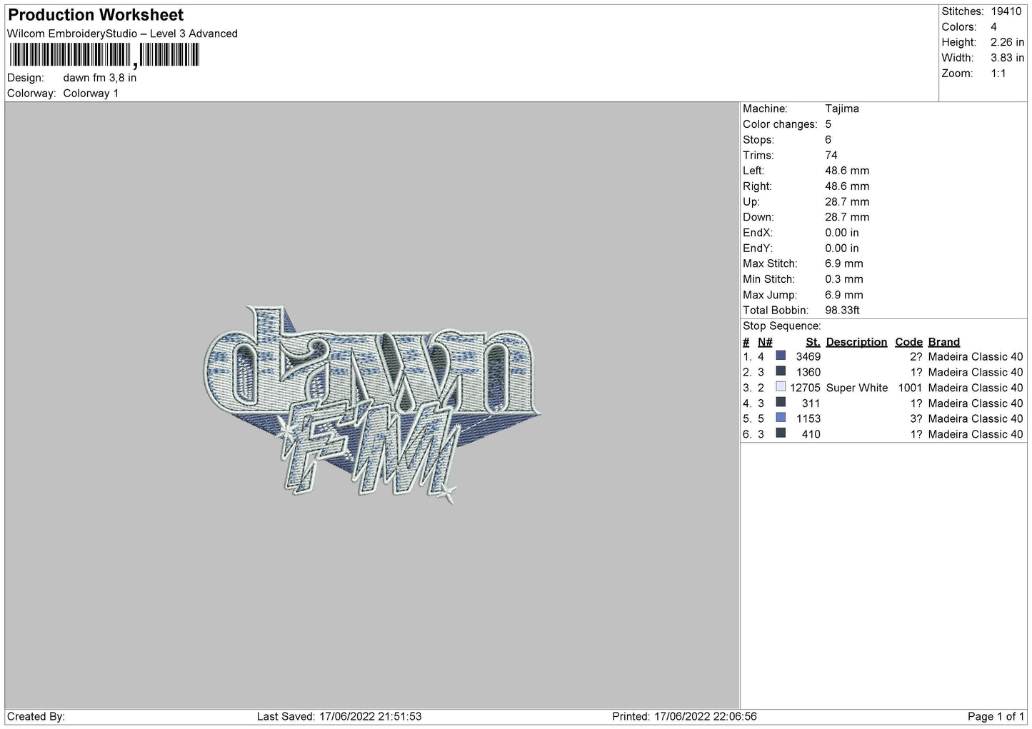 Dawn FM Embroidery File 4 size