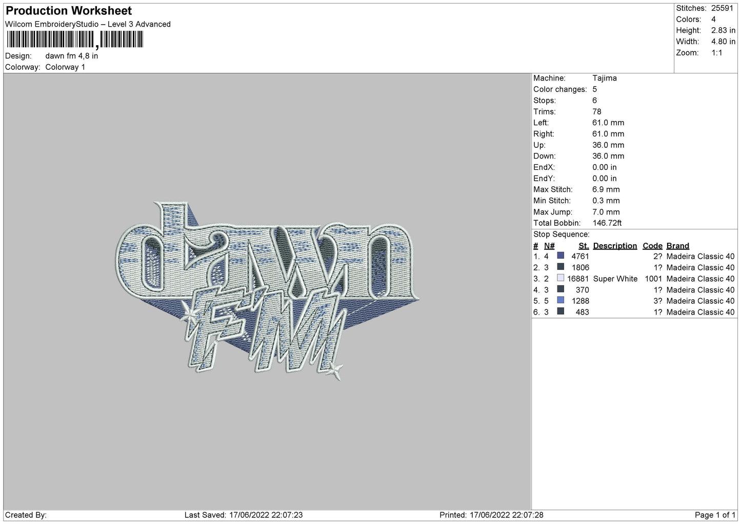 Dawn FM Embroidery File 4 size