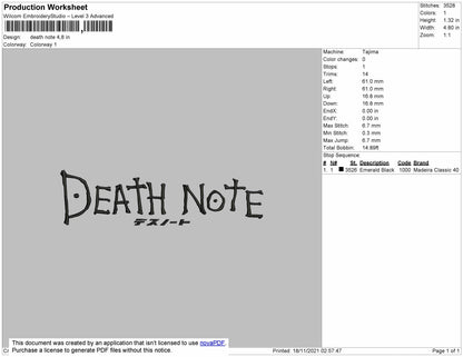 Death Note Text Embroidery File 4 size