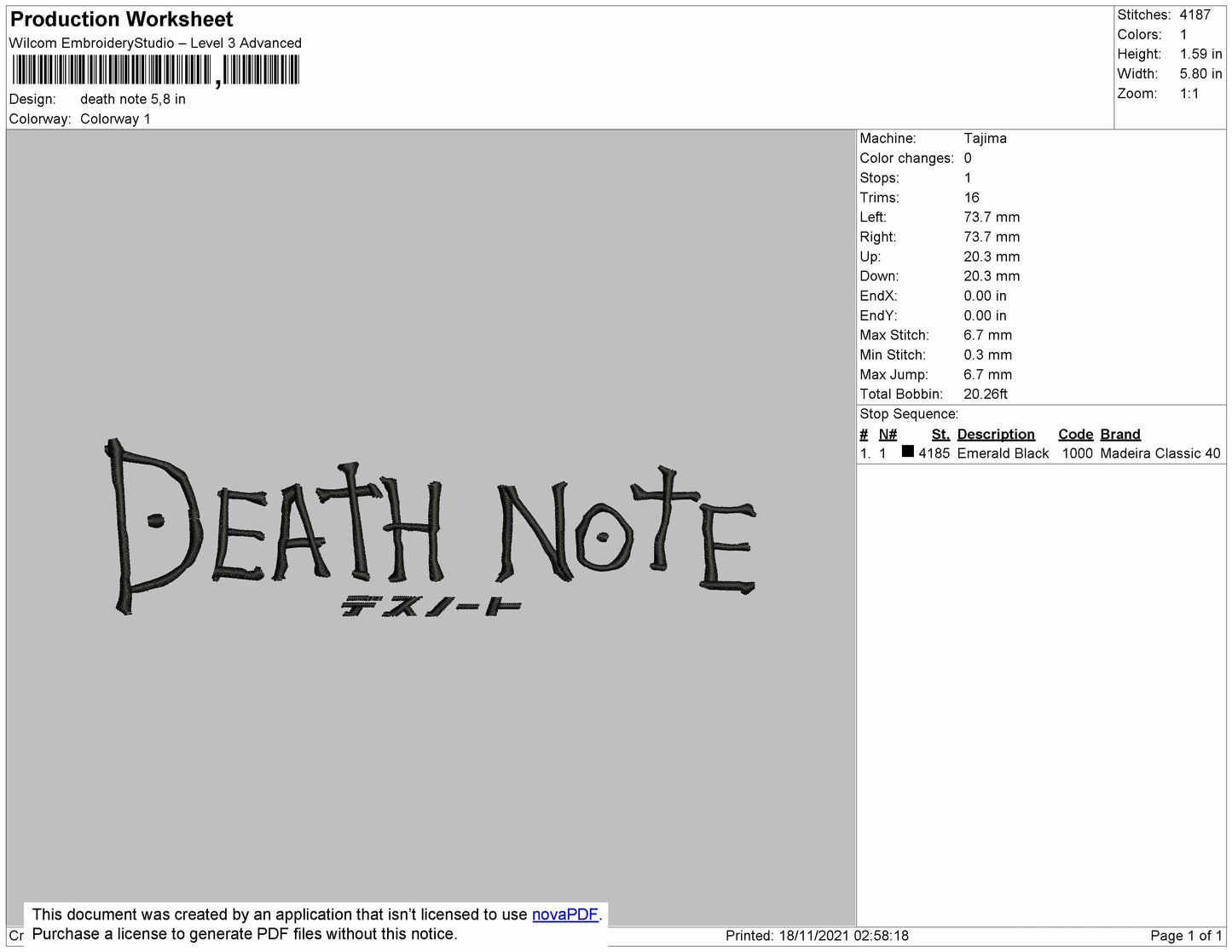 Death Note Text Embroidery File 4 size