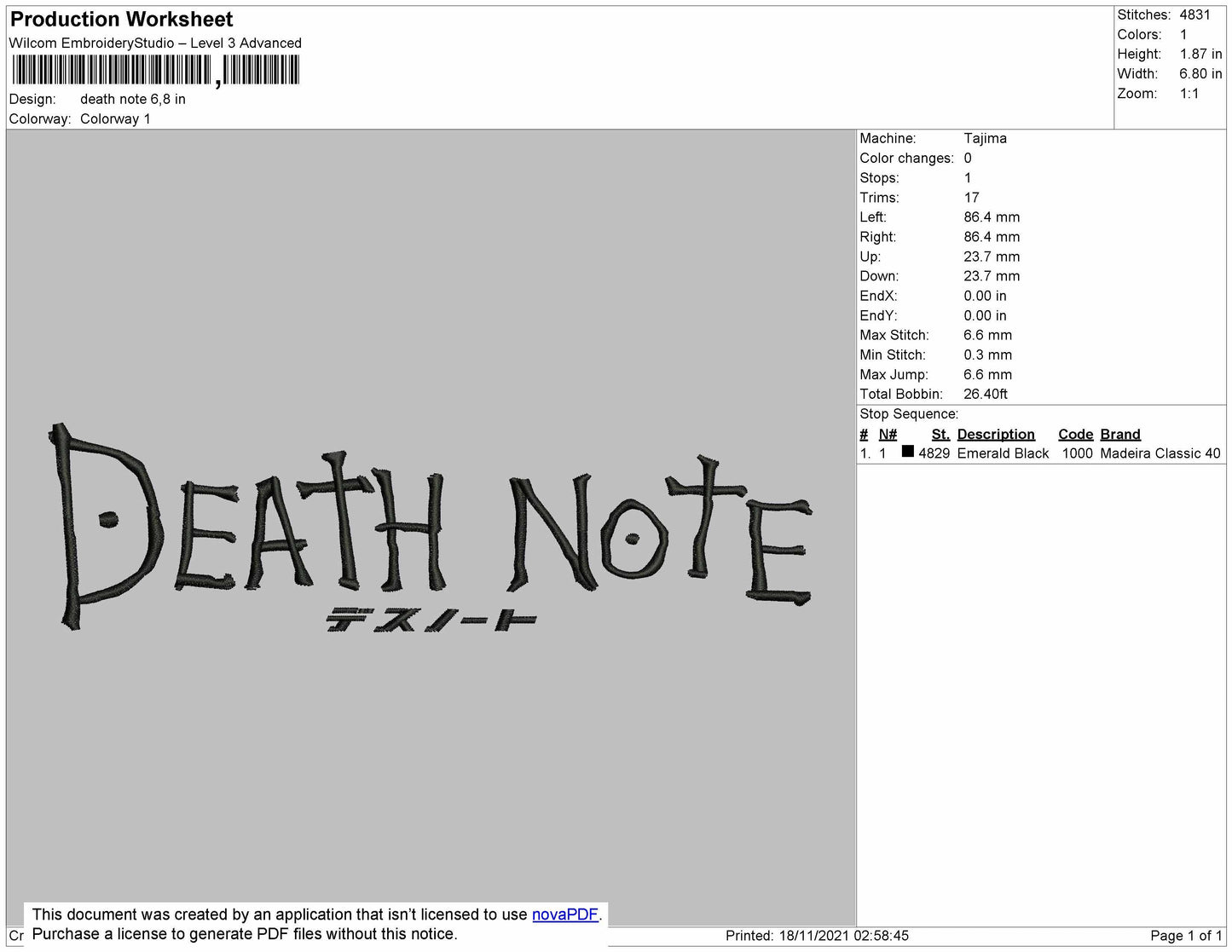 Death Note Text Embroidery File 4 size
