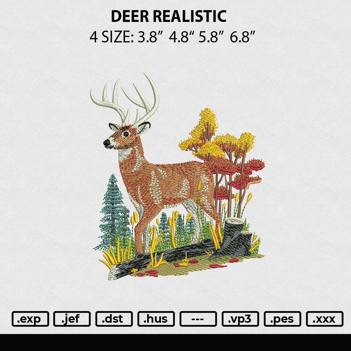 Deer Realistic Embroidery File 4 size