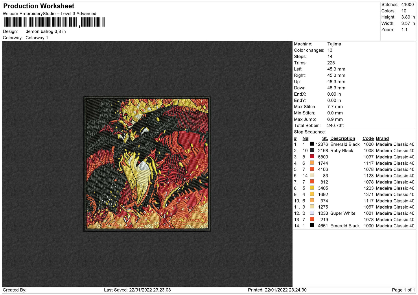Demon Balrog Embroidery File 4 Size