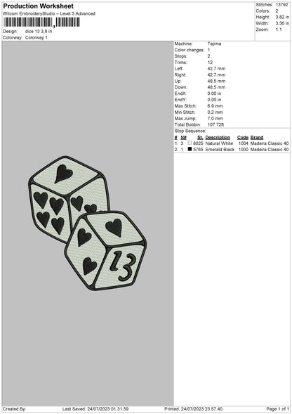 Dice Embroidery File 6 sizes