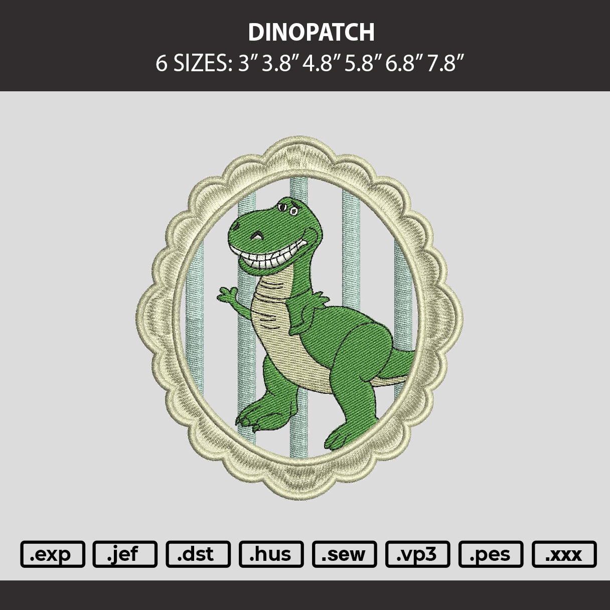 Dinopatch Embroidery Machine Design File 6 sizes