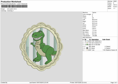 Dinopatch Embroidery Machine Design File 6 sizes