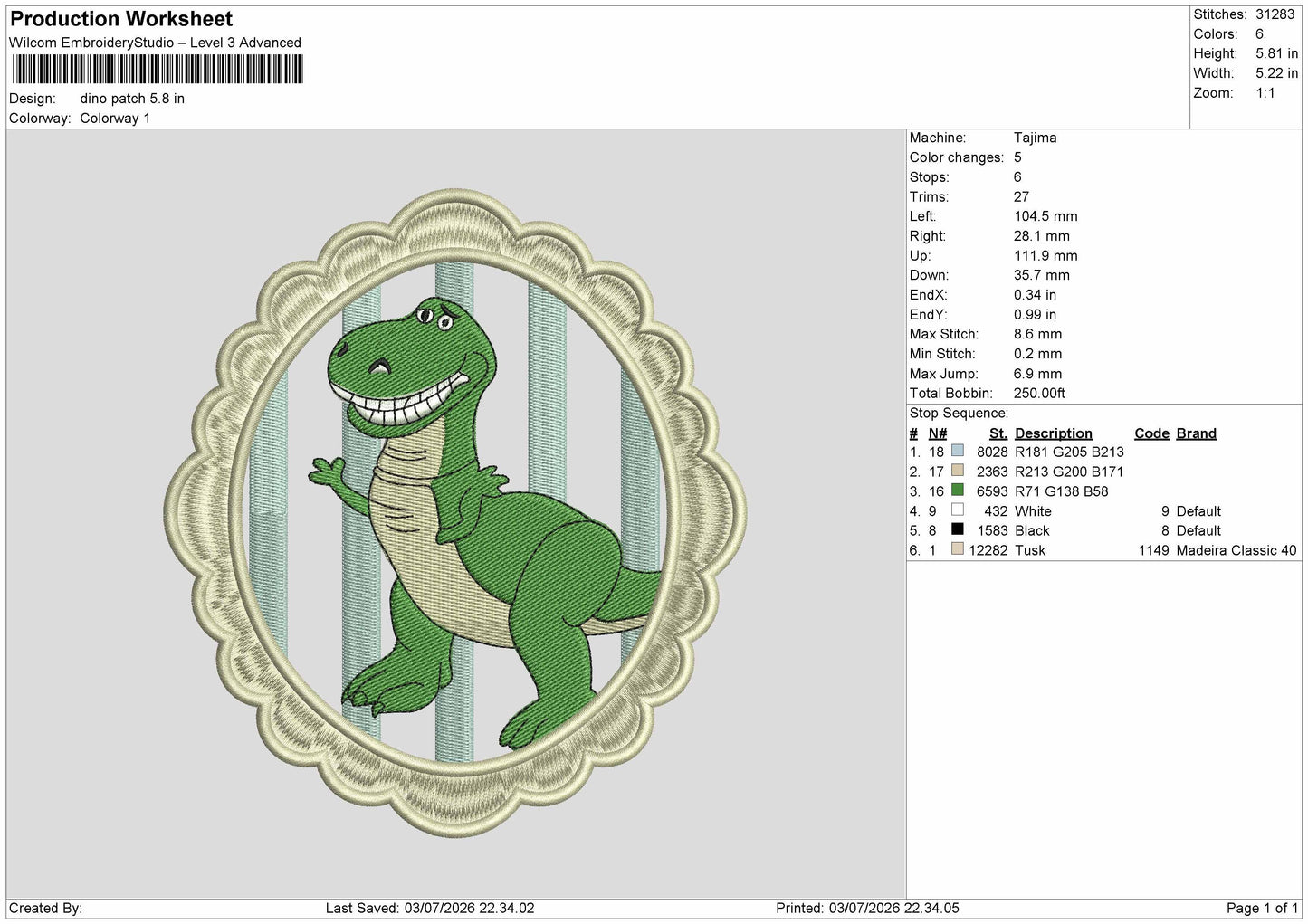 Dinopatch Embroidery Machine Design File 6 sizes
