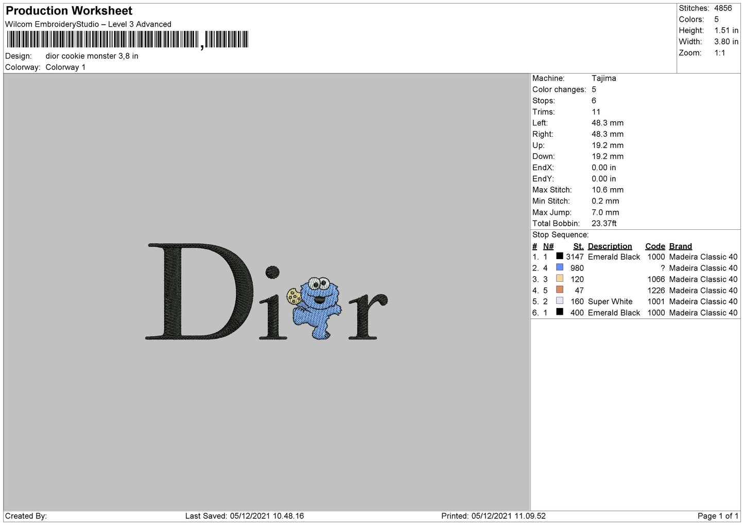 Dior Cookie Monster Embroidery File 4 size