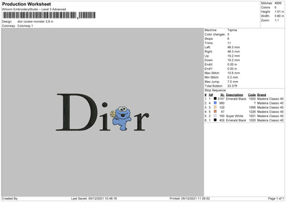 Dior Cookie Monster Embroidery File 4 size