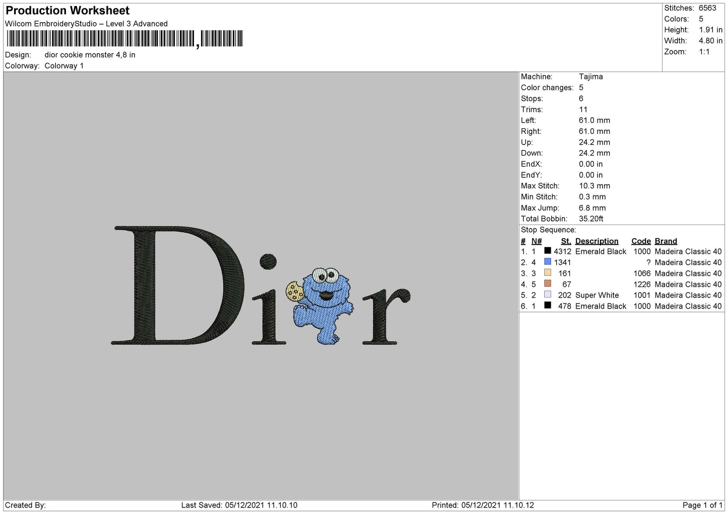 Dior Cookie Monster Embroidery File 4 size