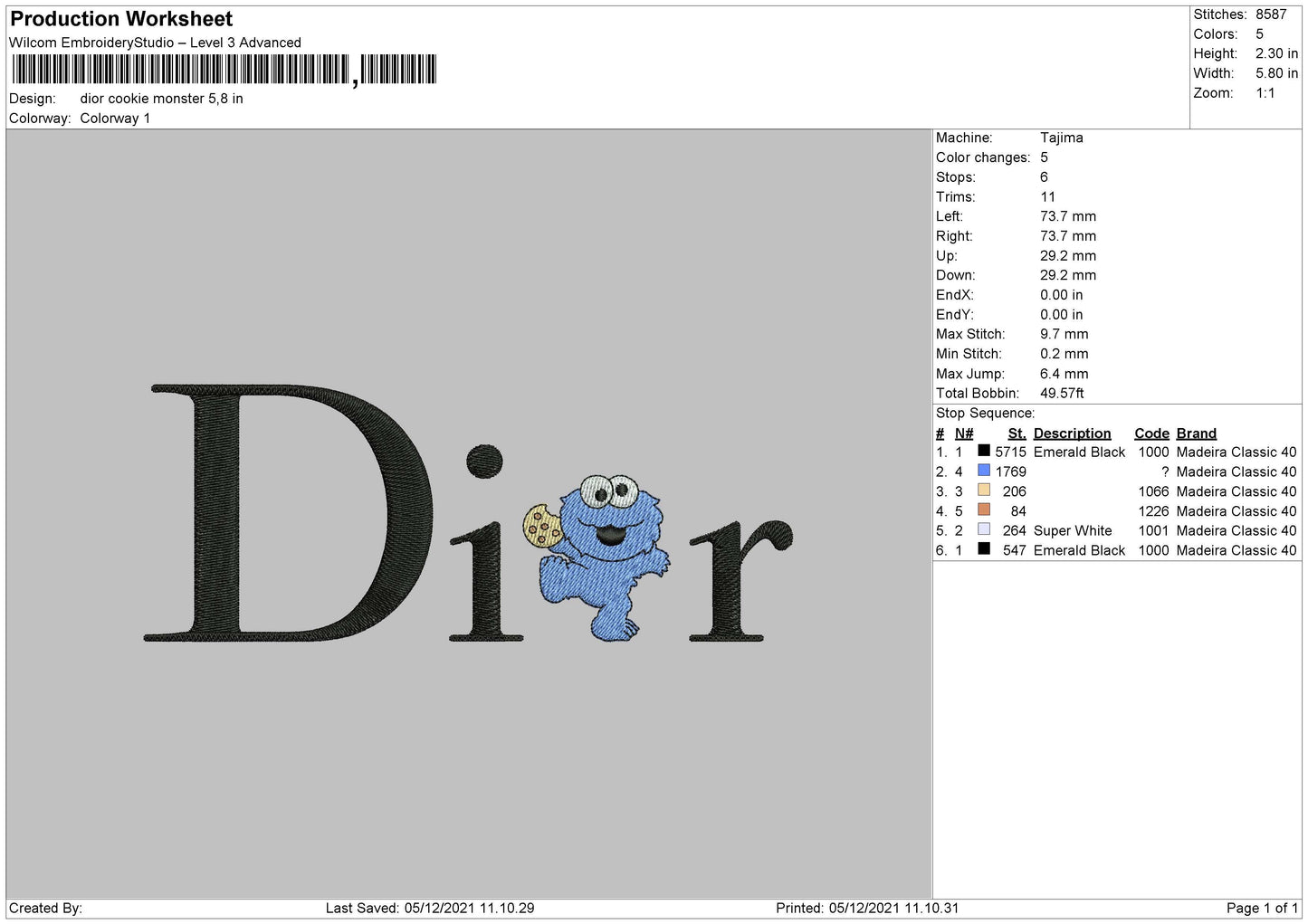 Dior Cookie Monster Embroidery File 4 size