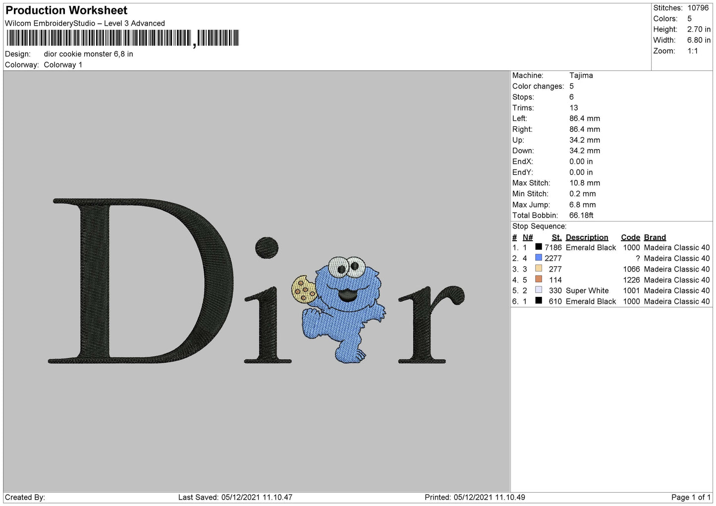 Dior Cookie Monster Embroidery File 4 size