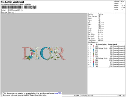 Dior Flowers 002 Embroidery File 4 size