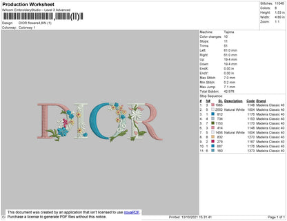 Dior Flowers 002 Embroidery File 4 size