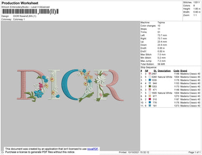 Dior Flowers 002 Embroidery File 4 size