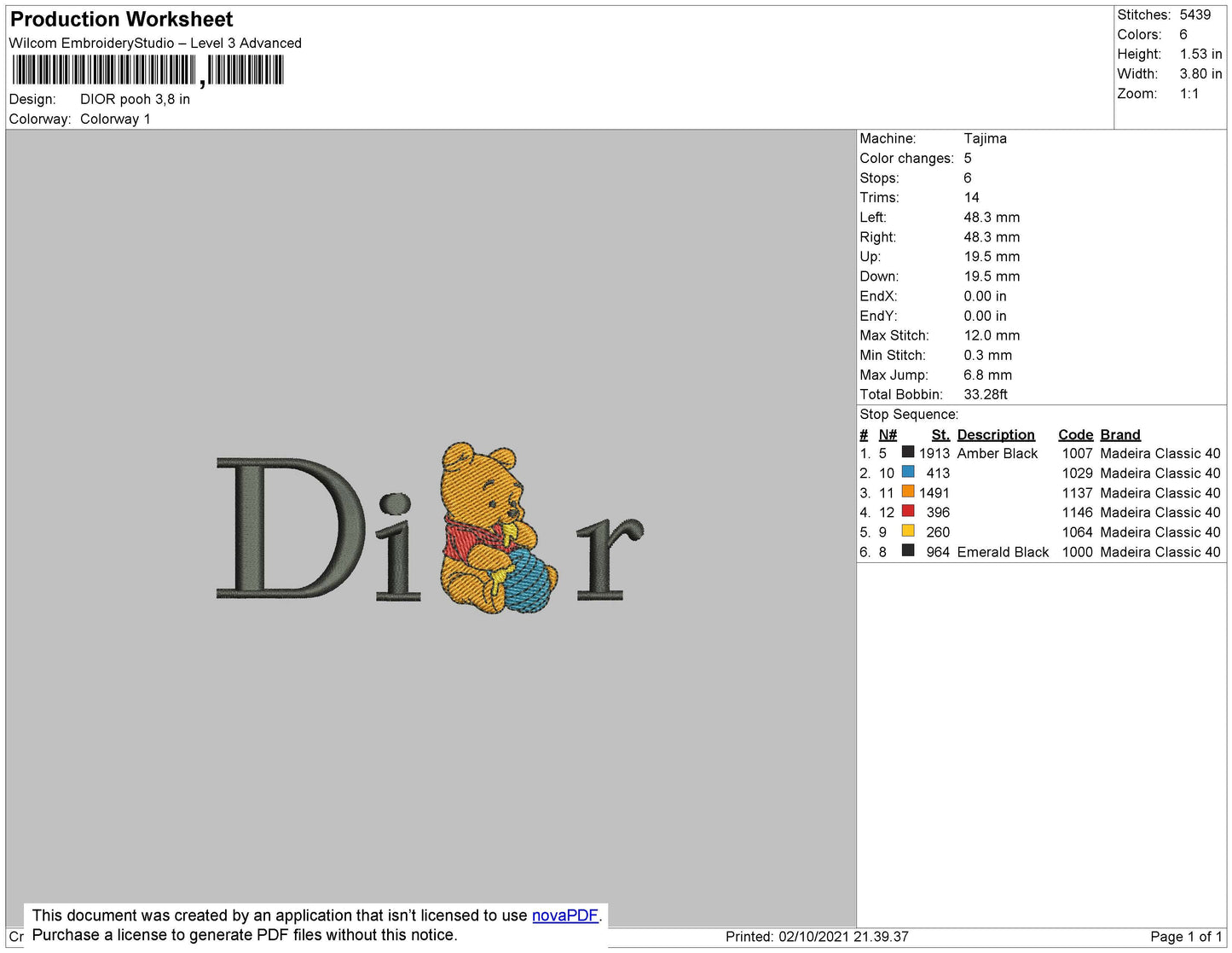 Dior Pooh Embroidery File 4 size
