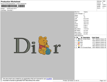 Dior Pooh Embroidery File 4 size