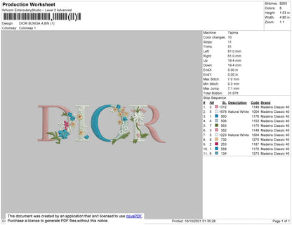 Dior Text Flowers Embroidery File 4 size