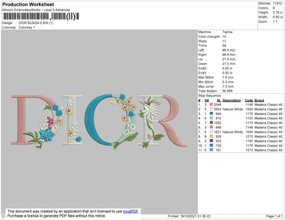 Dior Text Flowers Embroidery File 4 size