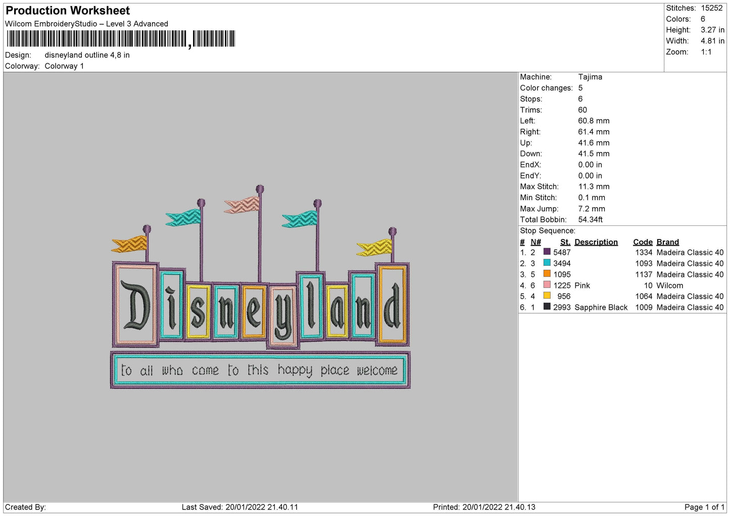 Disneyland Outline Embroidery File 4 Size