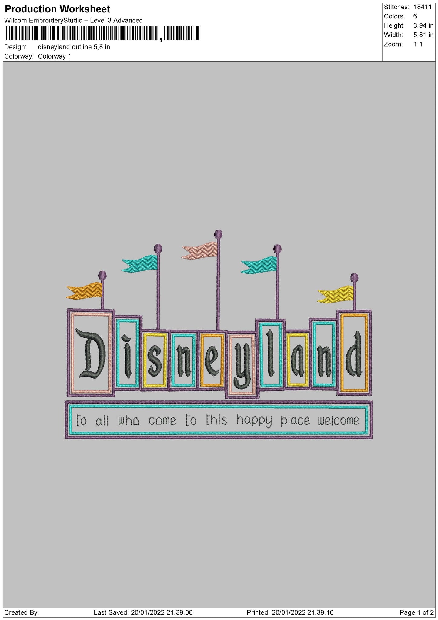 Disneyland Outline Embroidery File 4 Size