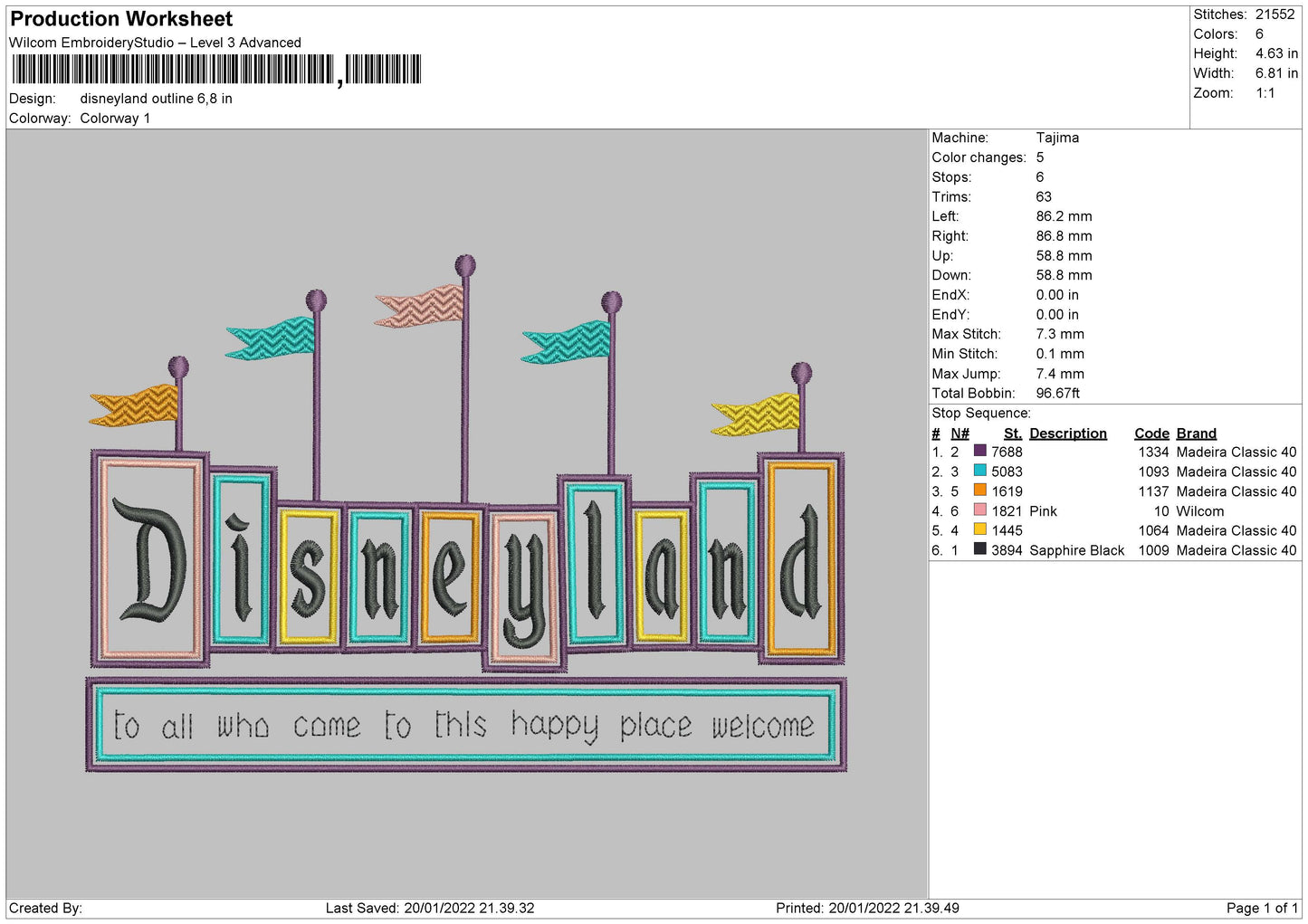 Disneyland Outline Embroidery File 4 Size