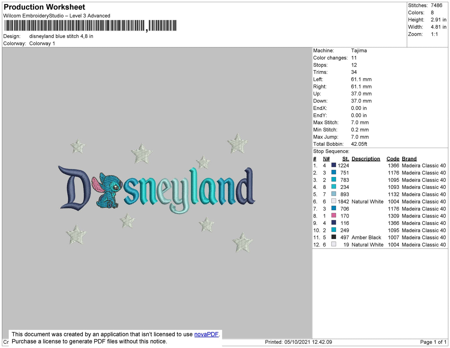 Disneyland Blue Stitch Embroidery File 8 size