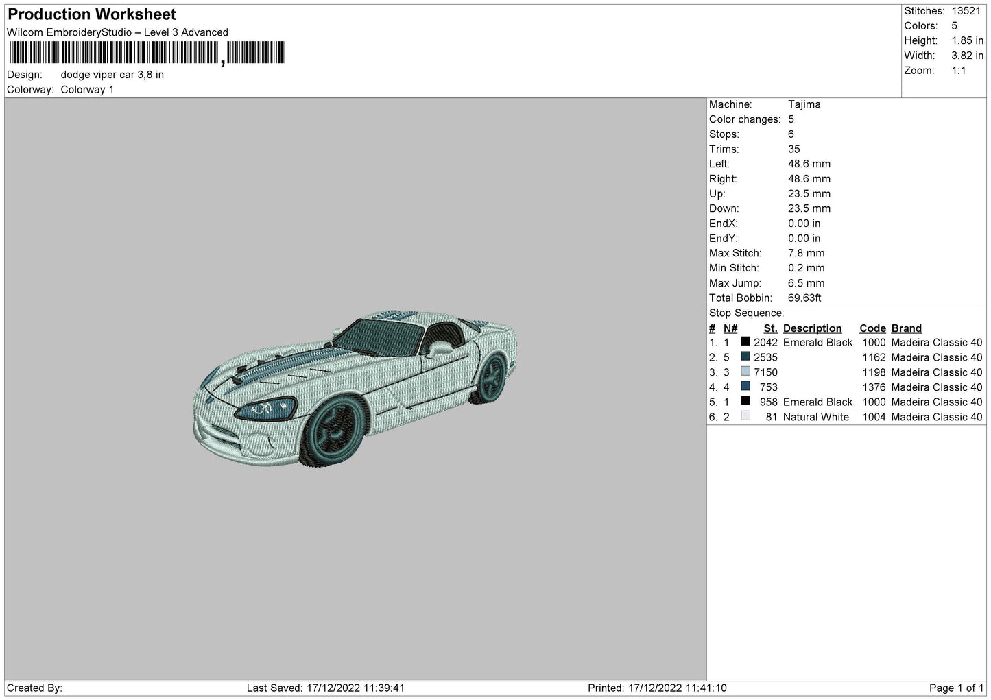 Dodge Viper Car Embroidery File 6 sizes