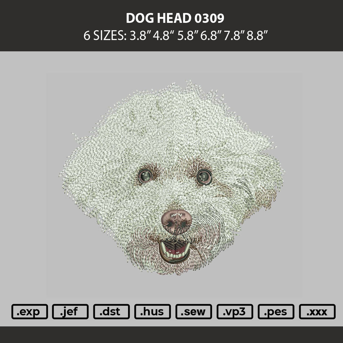 Dog Head 0309 Embroidery Machine Design File 6 sizes