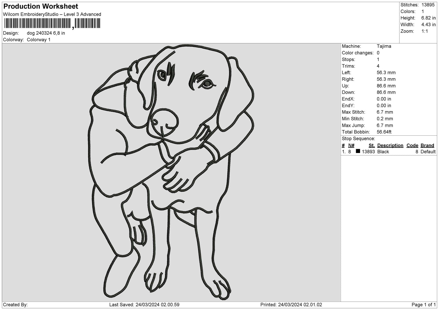 Dog Outline 2403 Embroidery File 6 sizes