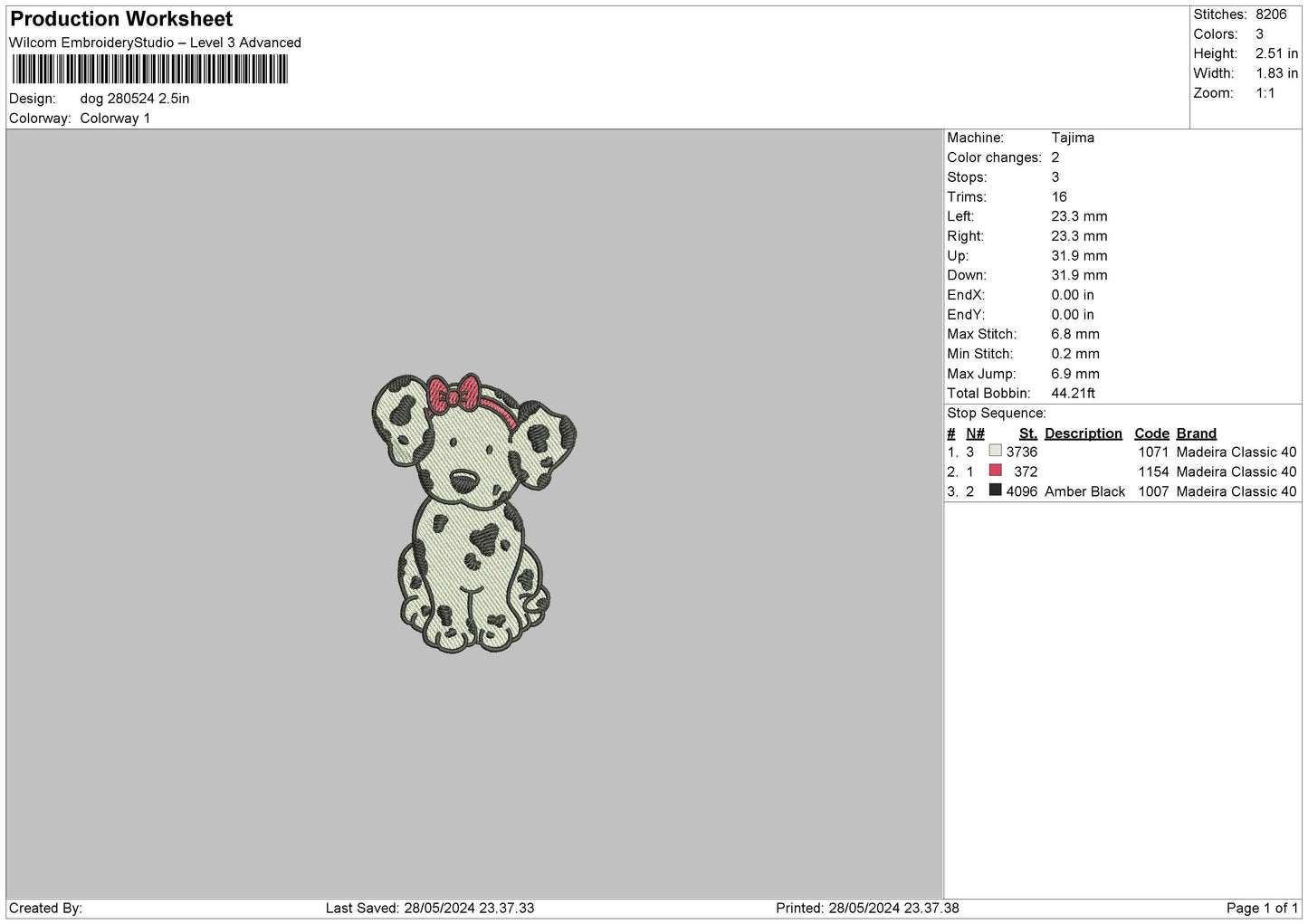 Dog 2805 Embroidery File 6 sizes