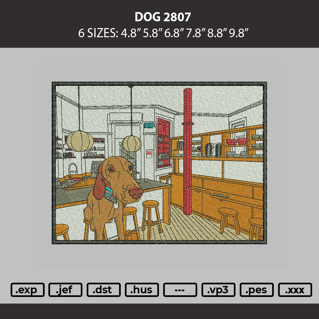 Dog 2807 Embroidery Machine Design File 6 sizes
