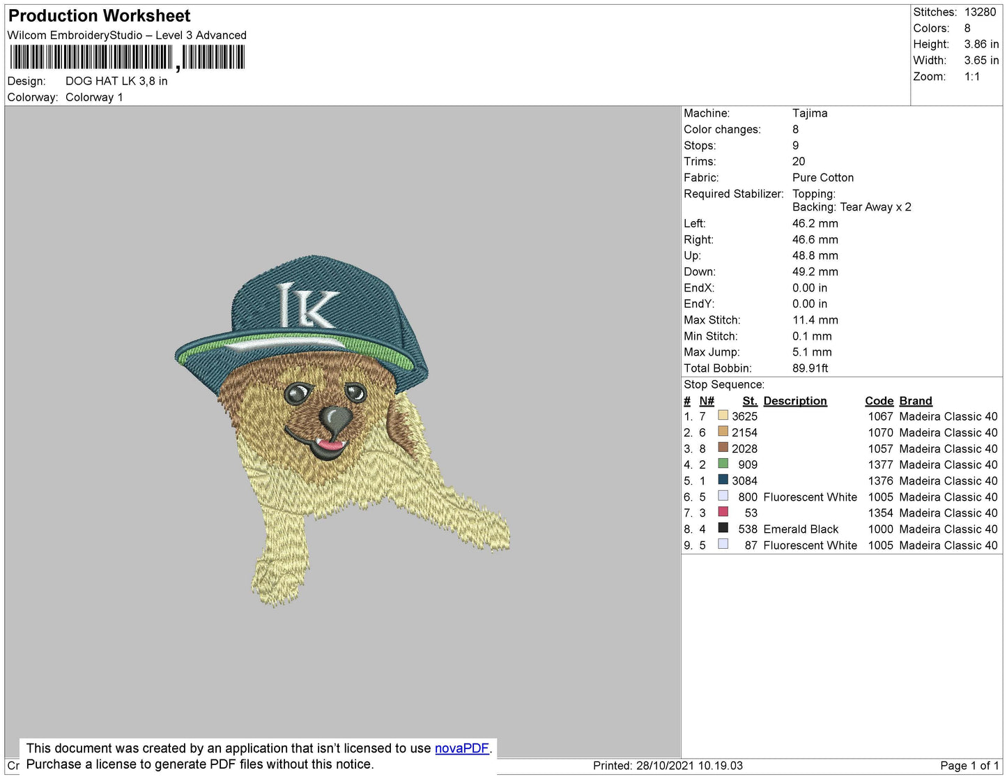 Dog Hat LK Embroidery File 4 size