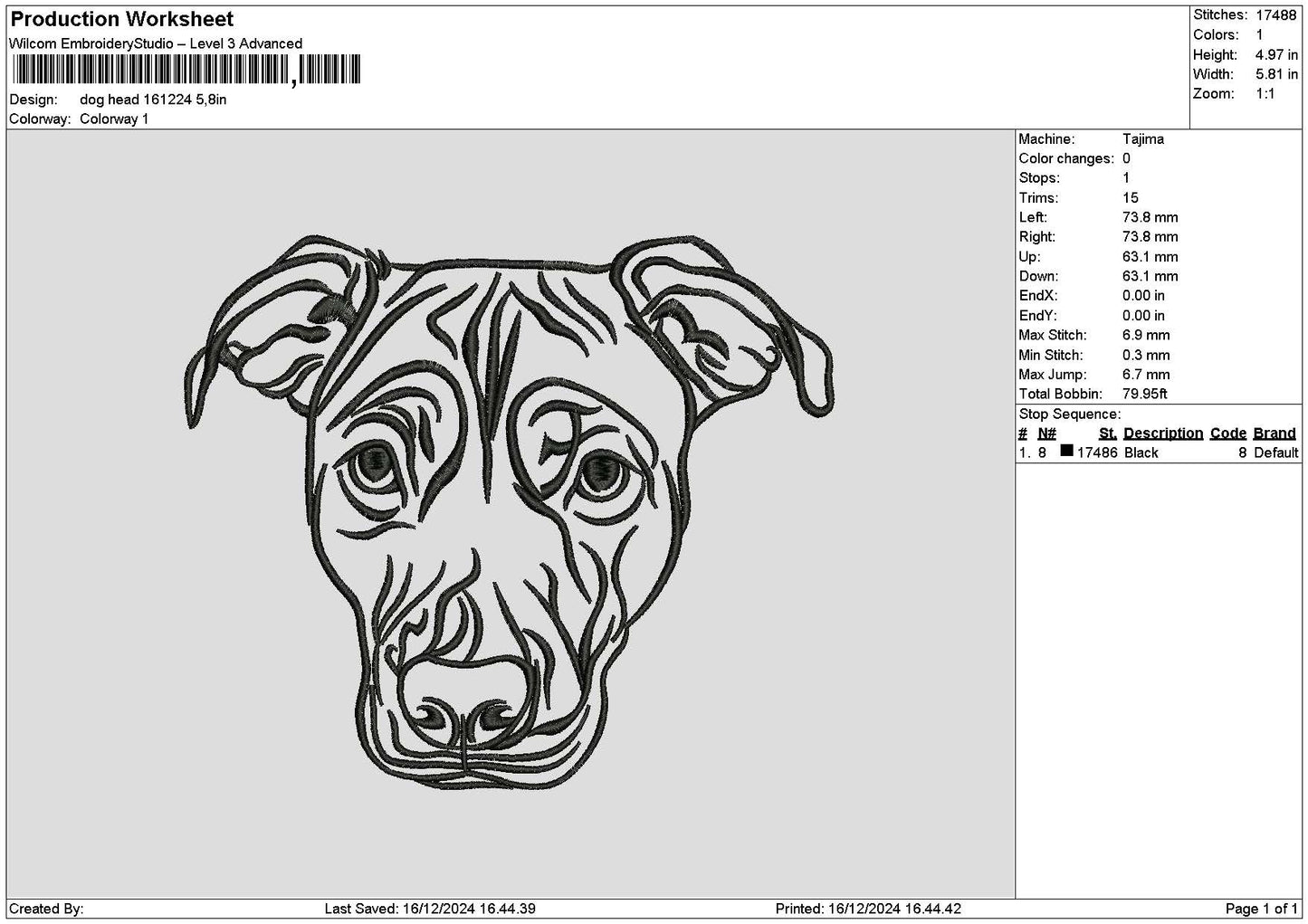 Dog Head Outline 1612 Embroidery File 6 sizes
