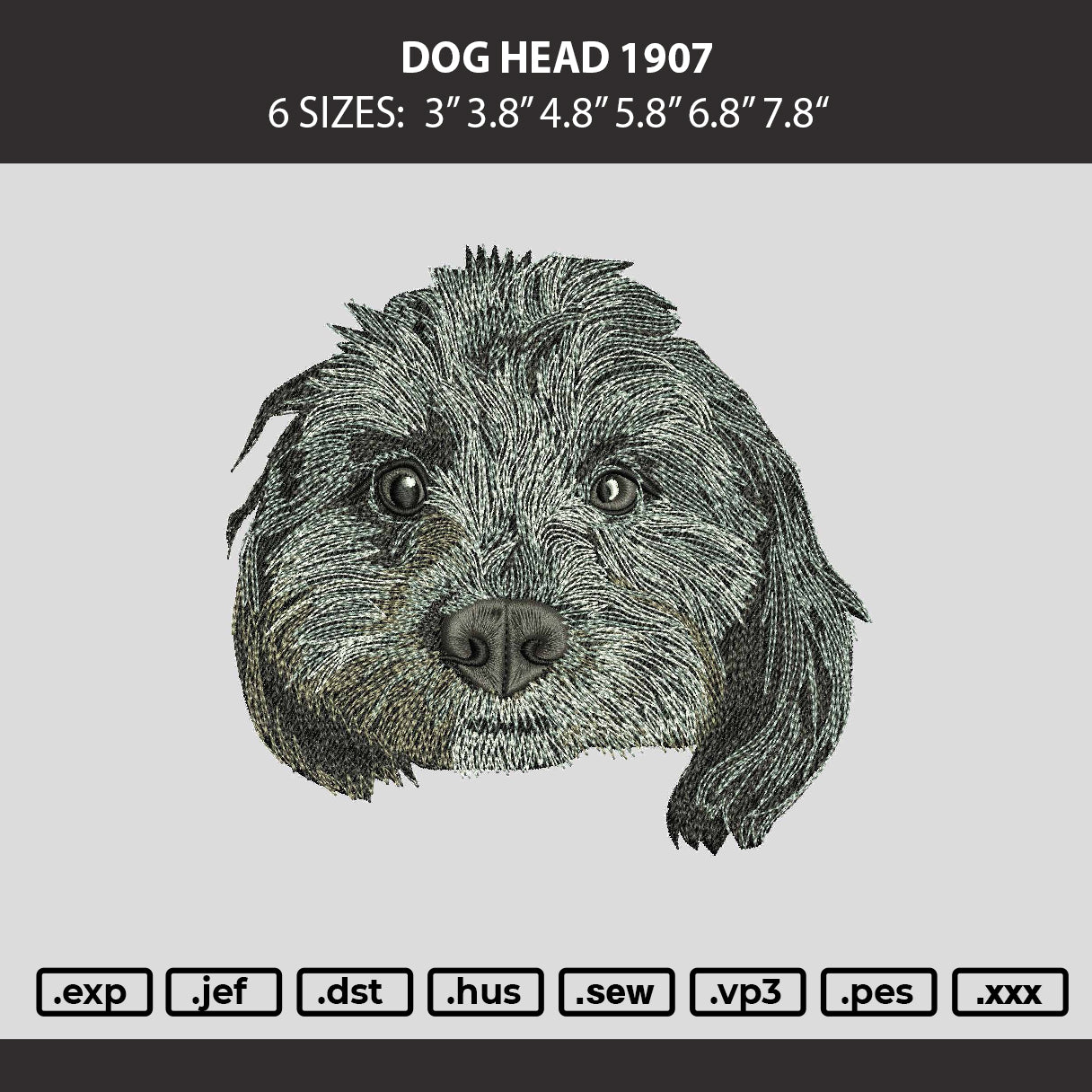 Dog Head 1907 Embroidery Machine Design File 6 sizes