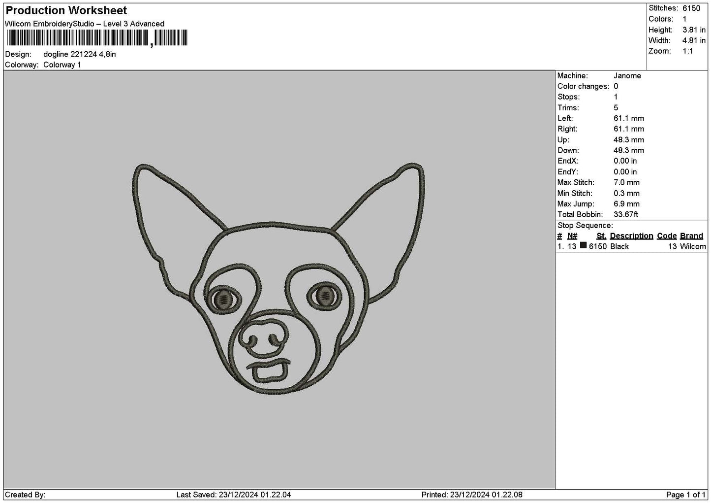 Dogline 2212a Embroidery File 6 sizes