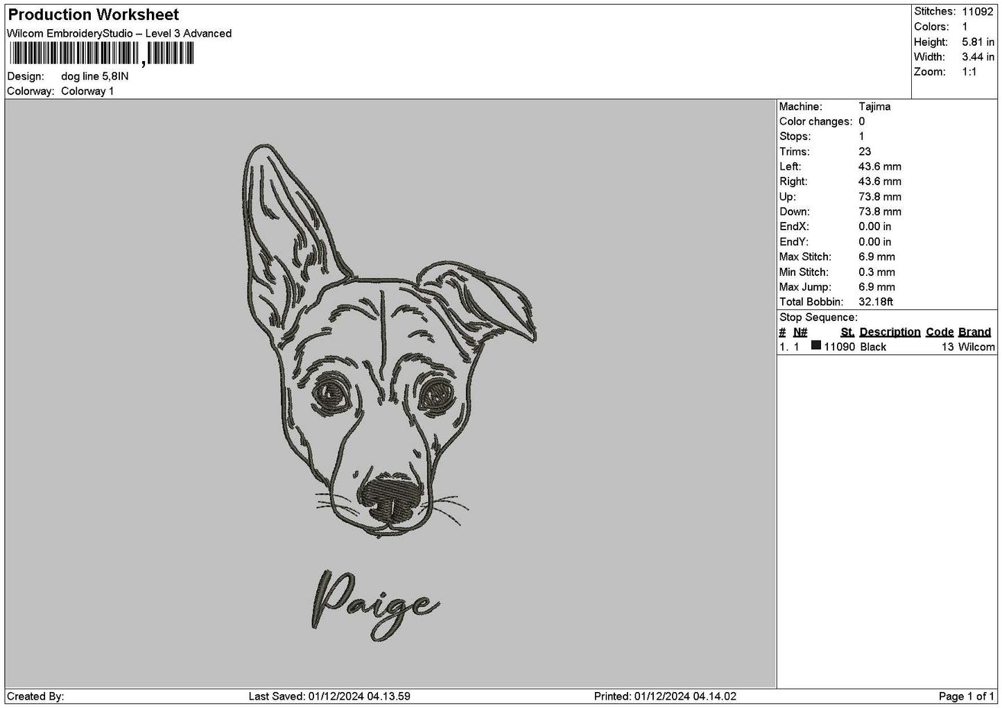 Dog Line 0112 Embroidery File 6 sizes