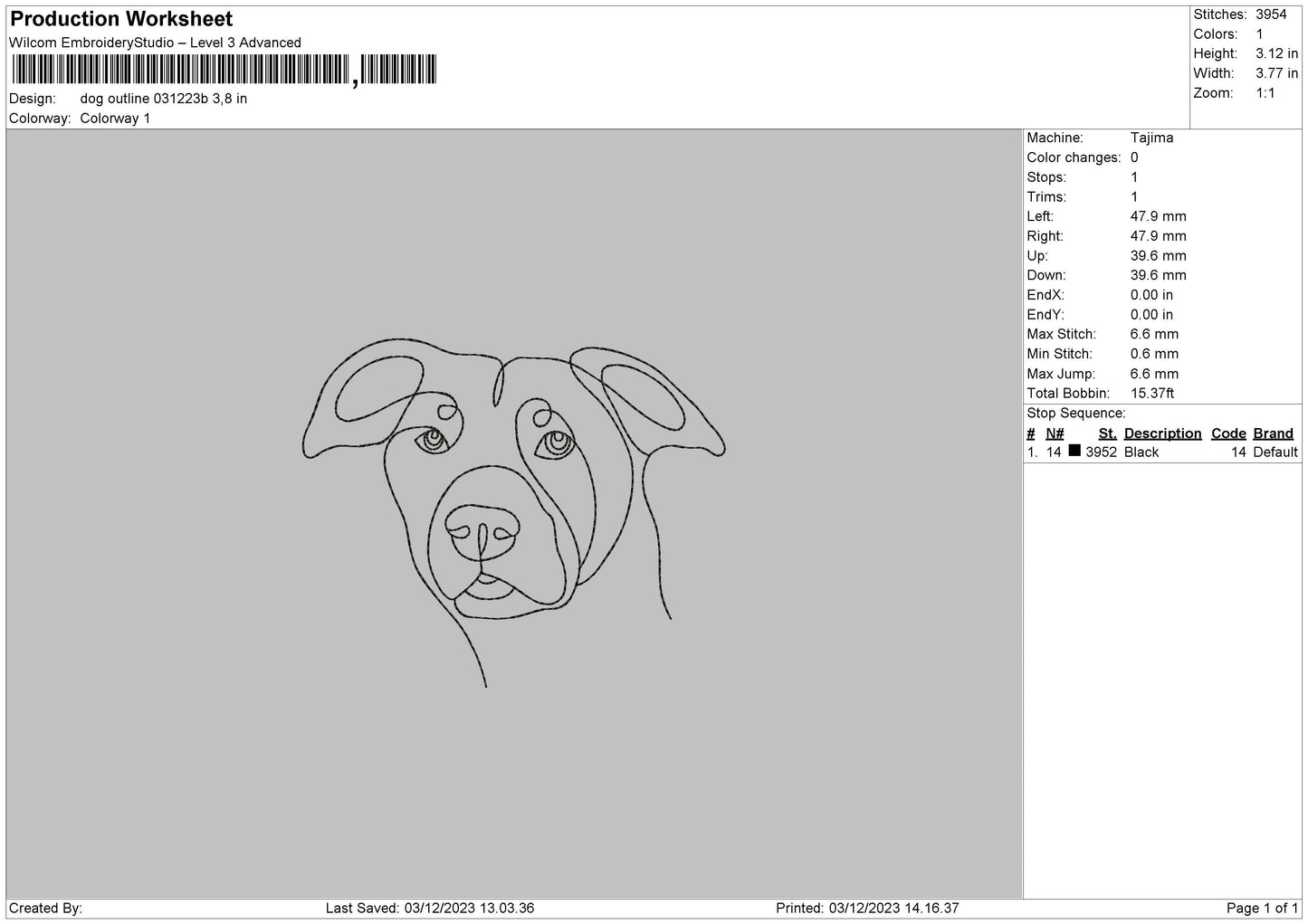 Dog Outline 0312b Embroidery File 6 sizes