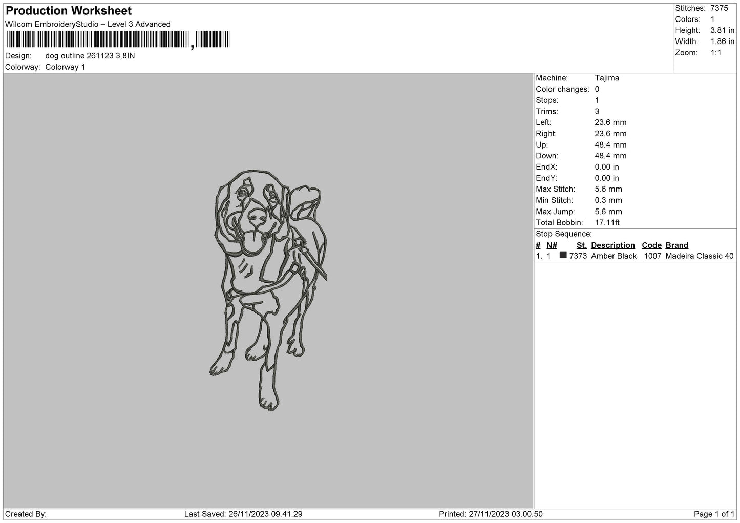 Dog Outline 2711 Embroidery File 6 sizes