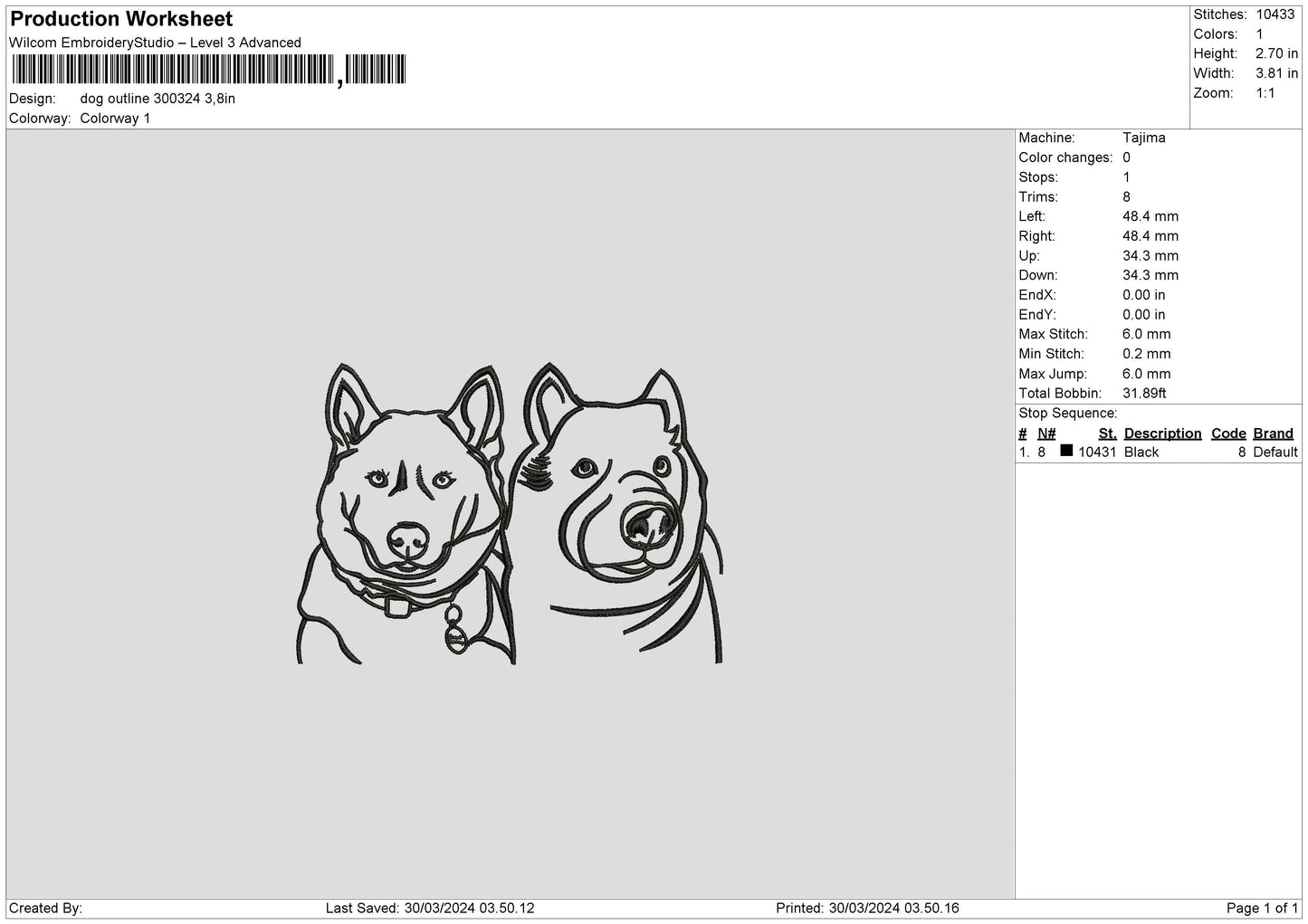 Dog Outline 3024 Embroidery File 6 sizes