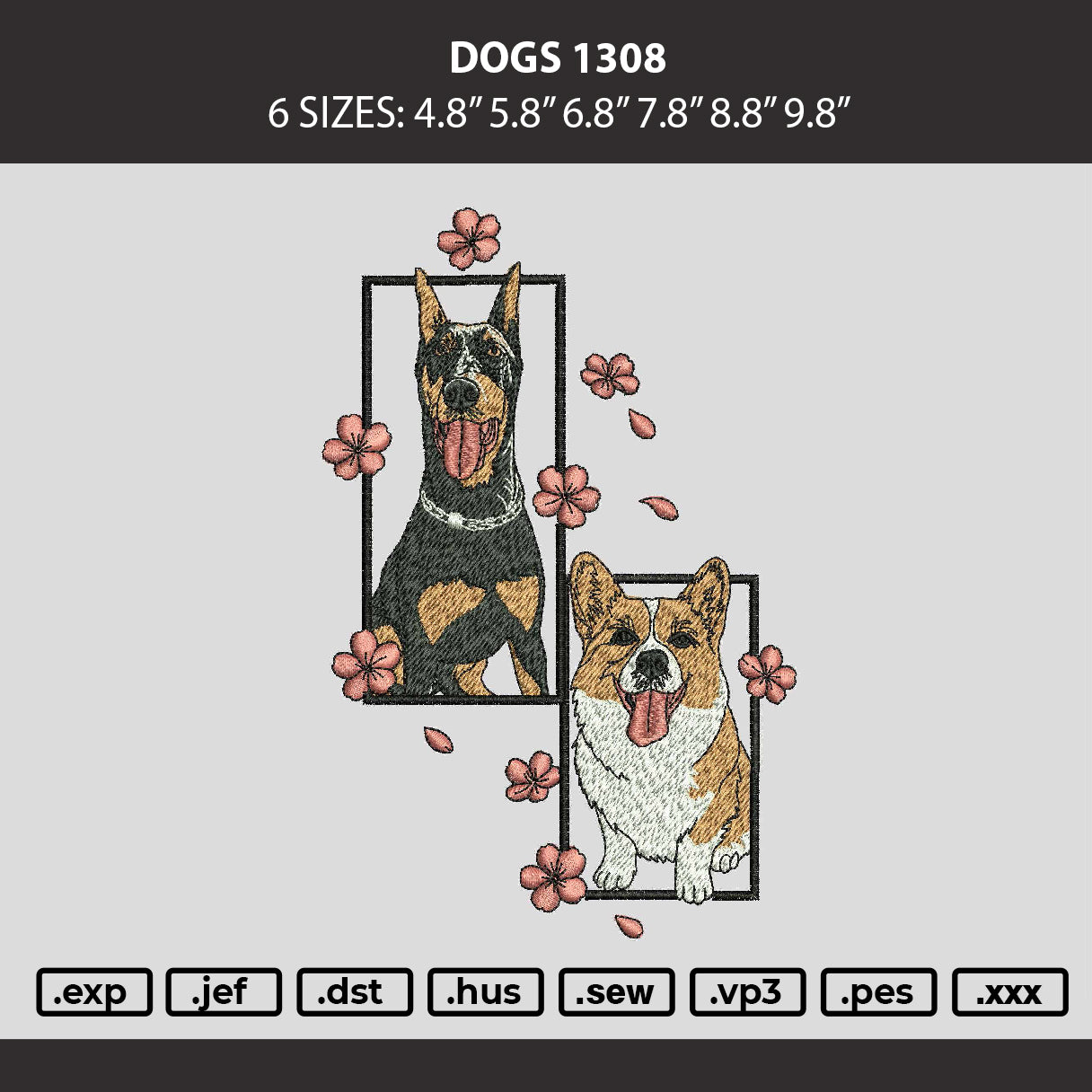 Dogs 1308 Embroidery Machine Design File 6 sizes
