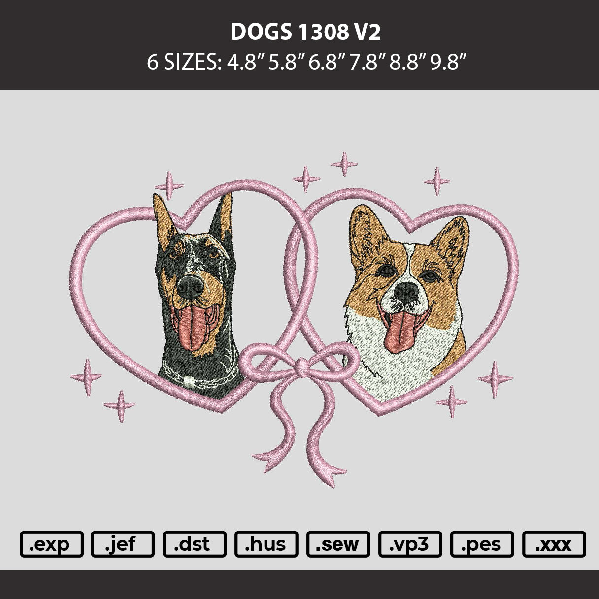 Dogs 1308 V2 Embroidery Machine Design File 6 sizes