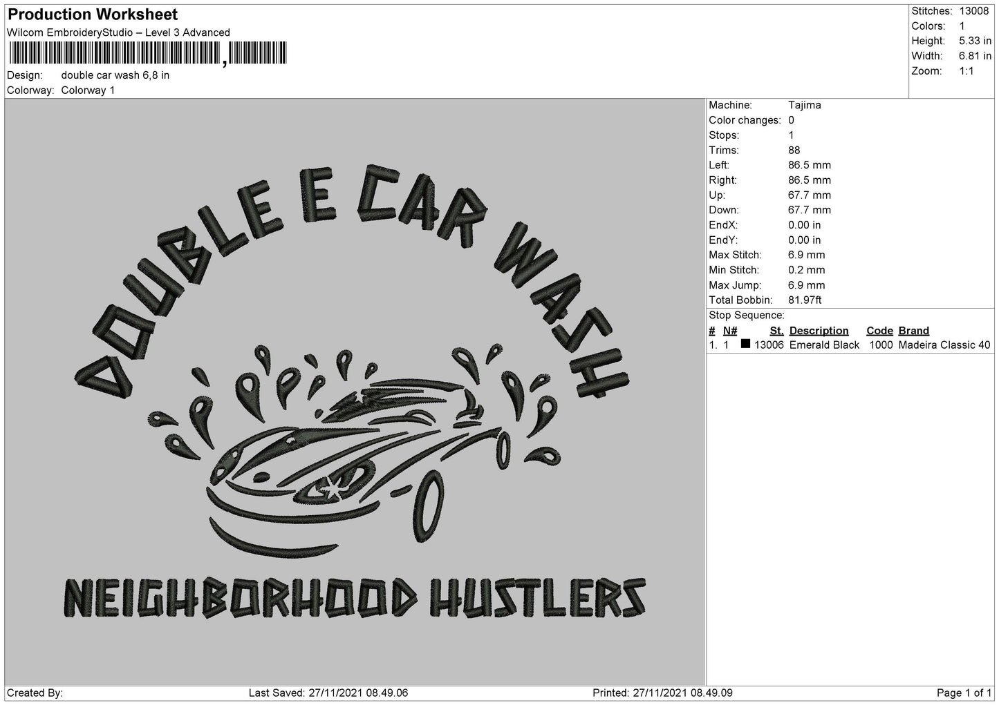 Double Car Wash Embroidery File 4 size