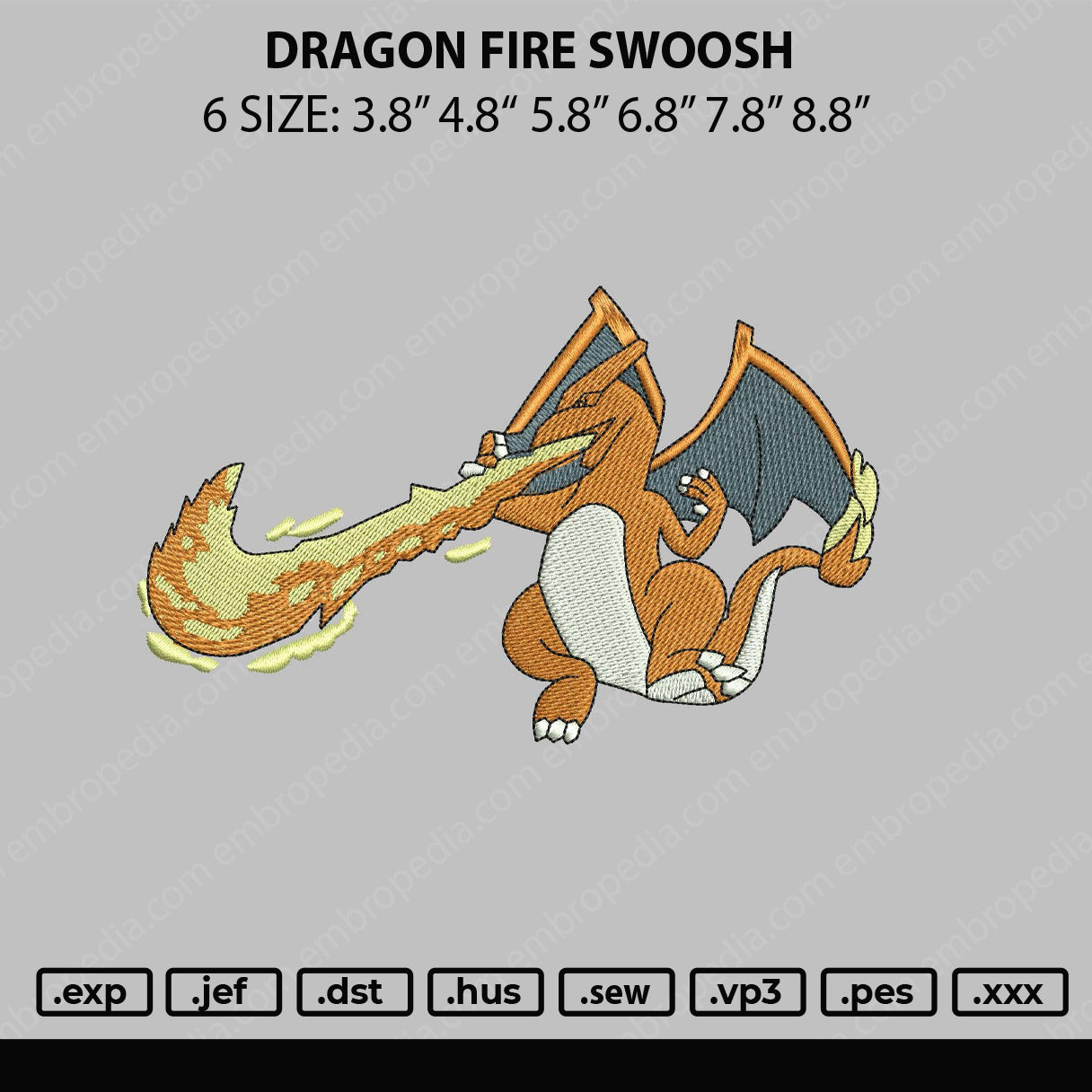 Dragon Fire Swoosh Embroidery File 6 sizes