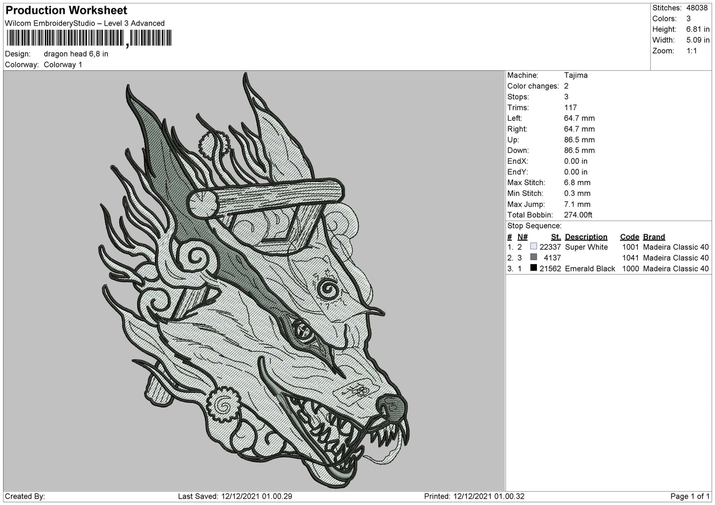 Dragon Head Embroidery File 4 size