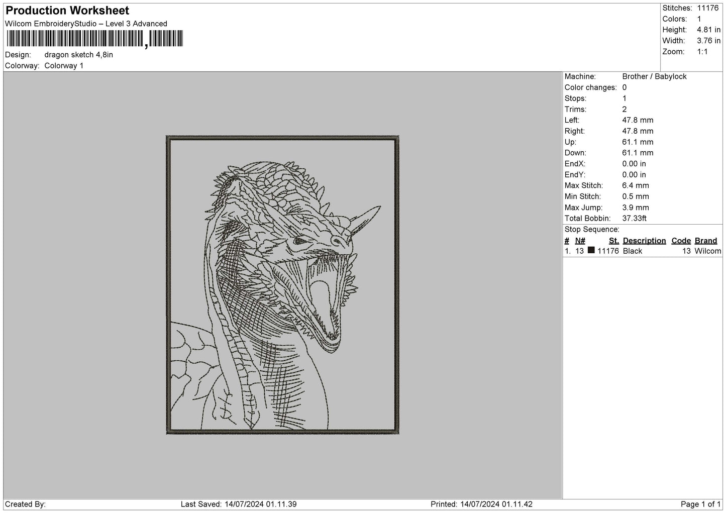 Dragon Sketch Embroidery File 6 sizes
