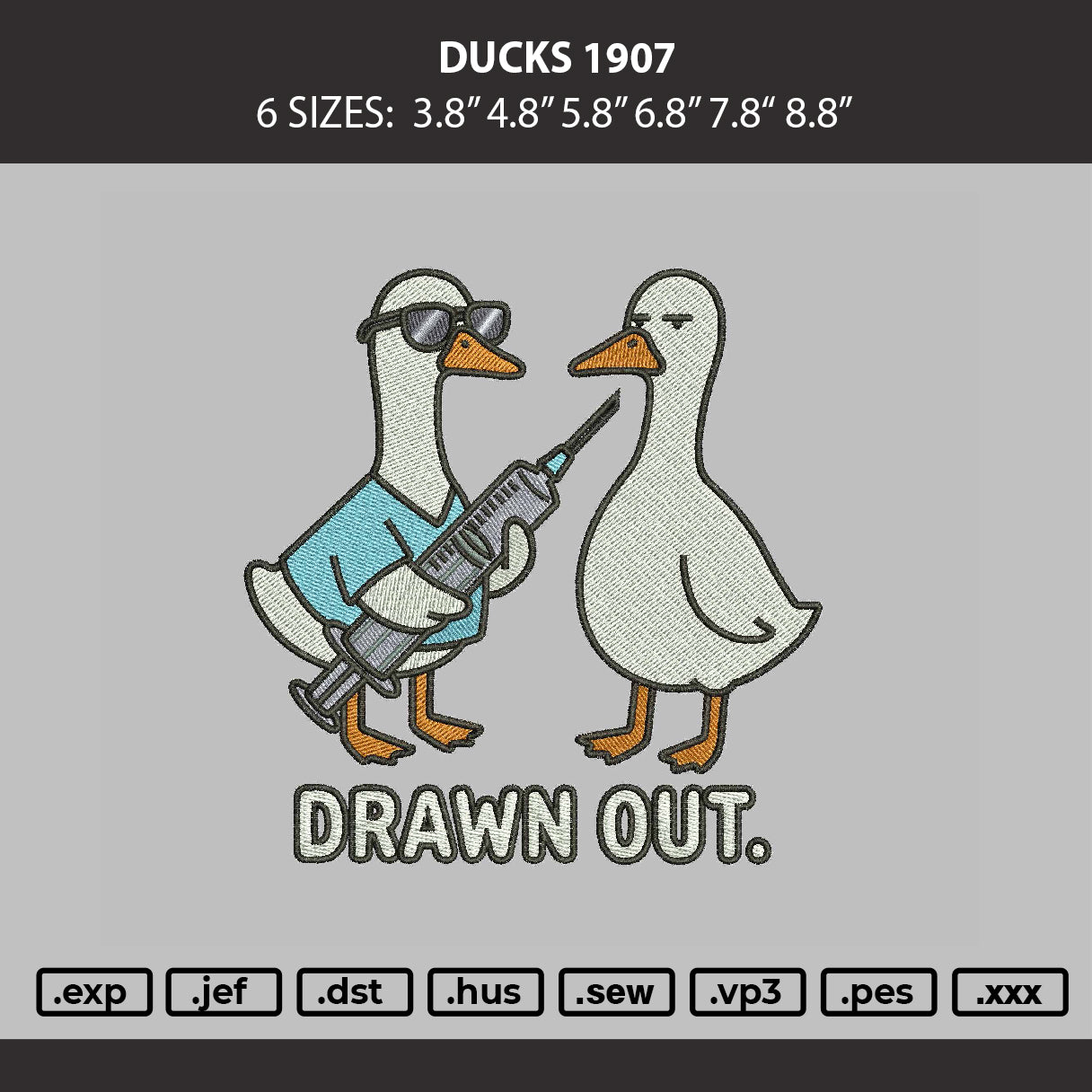 Digital preview of an embroidery design featuring two cartoon ducks on a gray background. One duck wears sunglasses and a blue shirt while holding a syringe, and the other duck stands beside it.