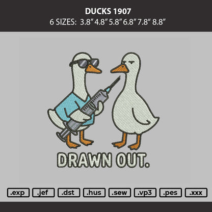 Digital preview of an embroidery design featuring two cartoon ducks on a gray background. One duck wears sunglasses and a blue shirt while holding a syringe, and the other duck stands beside it.
