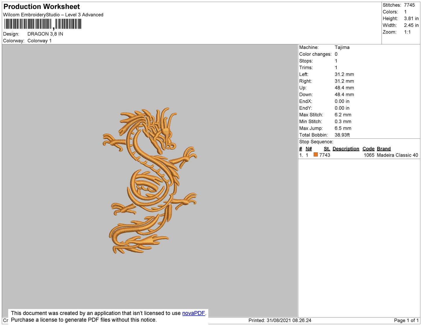 Dragon Embroidery File 4 size
