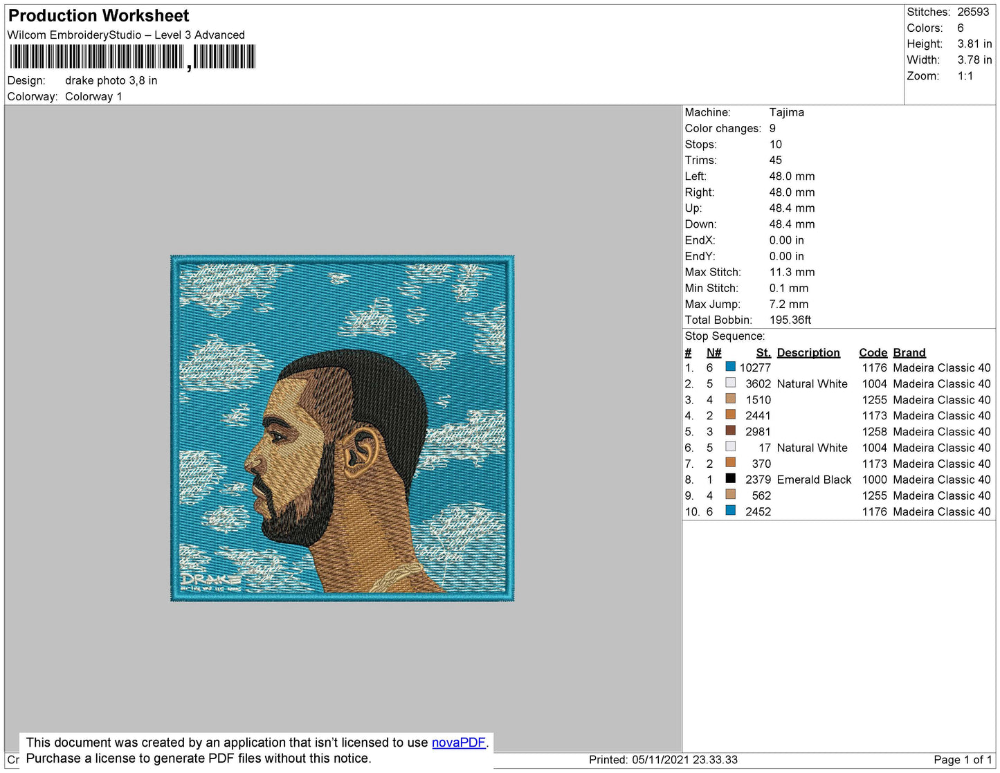 Drake Album Cover Embroidery File 4 size